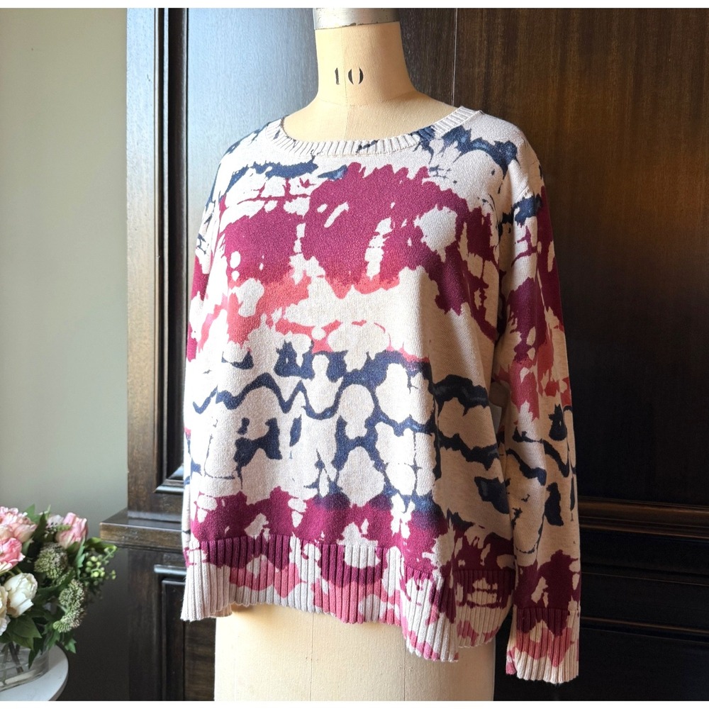 Crewneck Sweater Abstract Print Cotton‎ Knit Cream Burgundy Navy Casual XL